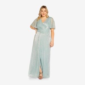 Adrianna Papell Plus Size Metallic Mesh Draped Gown In Sea Glass Size 18Sea Glas
